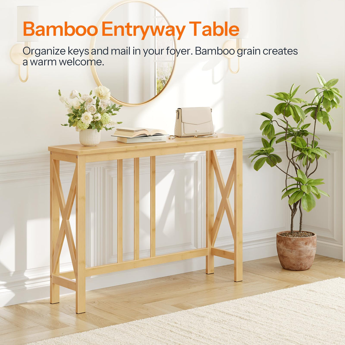 HOOBRO Slim Console Table for Hallway, 100 cm Bamboo Behind Sofa Table, Narrow Hallway Table with X-Shaped Side Frames, Modern Side Table