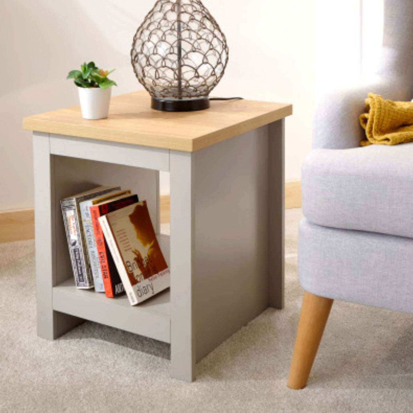 GFW Lancaster Grey and Oak Side Table with Shelf, Country Style Lamp Table, Living Room End Table with Storage Shelf