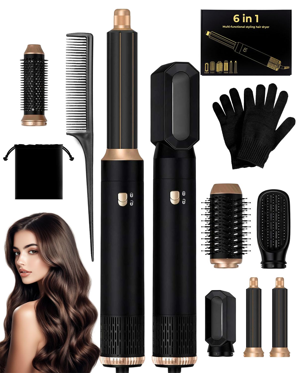 6 in 1 Airbrush Hair Styler and Hot Air Dryer Brush Set Womens Hairdryers Air Styler with Rotating Brush, Curling Irons, Straightener Professional