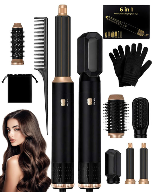 6 in 1 Airbrush Hair Styler and Hot Air Dryer Brush Set Womens Hairdryers Air Styler with Rotating Brush, Curling Irons, Straightener Professional