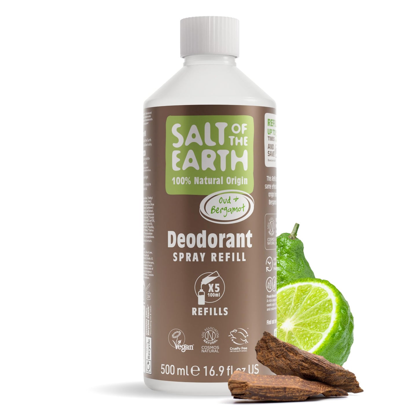 Salt of the Earth - Natural Deodorant Spray Refill - Oud & Bergamot - 100% Natural Origin Ingredients - Vegan - Suitable for Men, Women & Children -