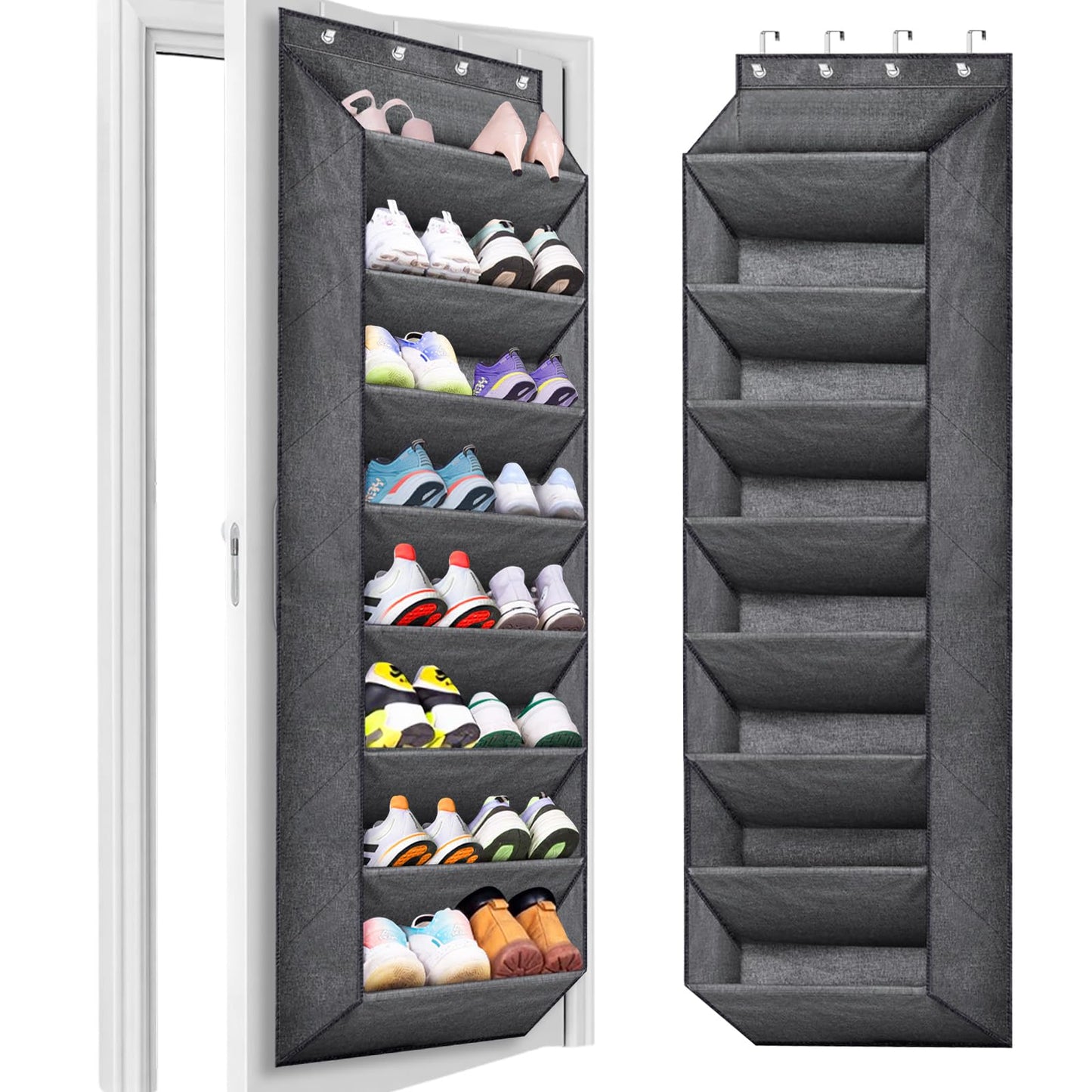 QUMENEY 8 Shelves Over Door Shoe Organizer Hanging Shoe Rack for Door Closet with Deep Pockets Back of Door Storage fits 24 Pairs Shoe Holder（Gray）