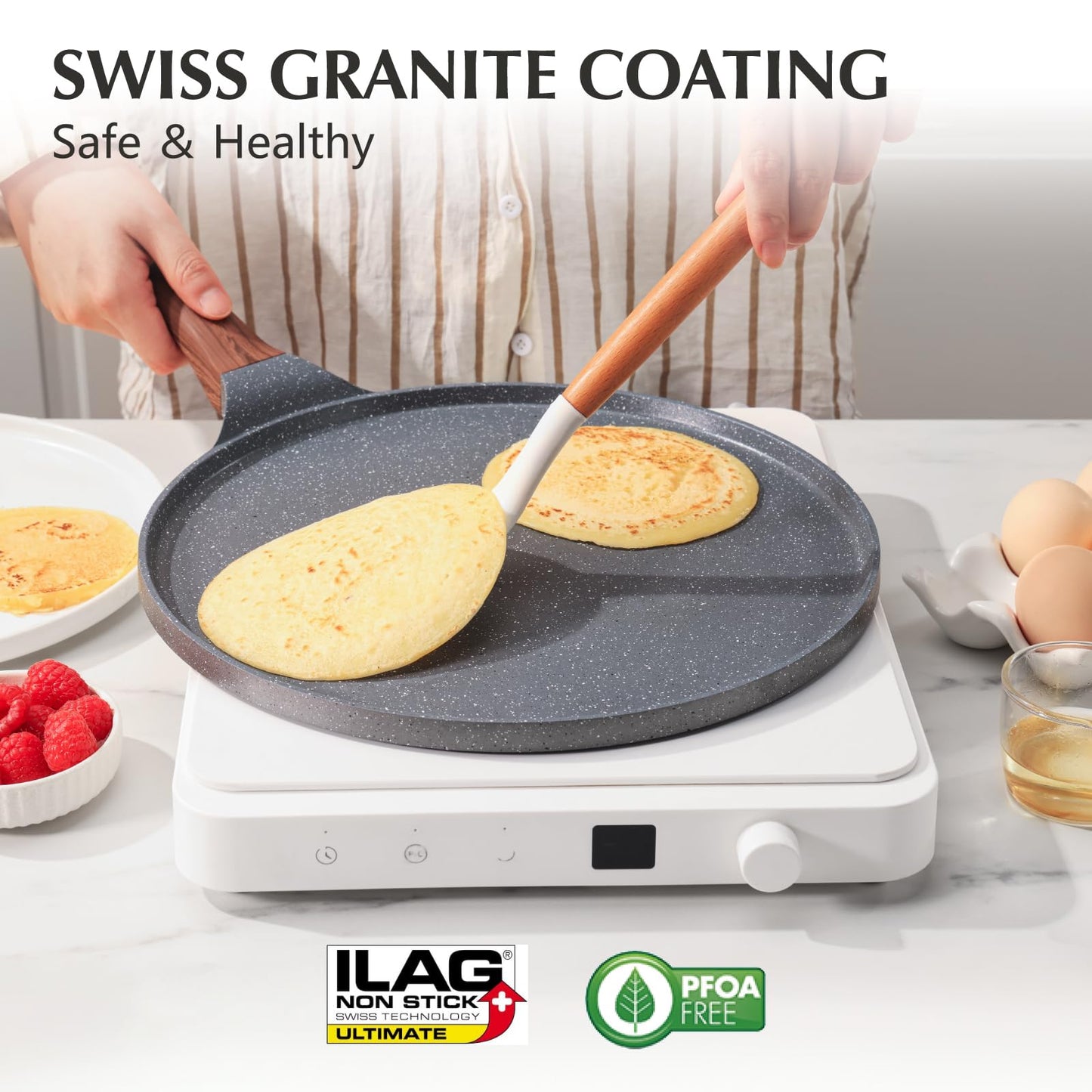 SENSARTE Nonstick Crepe Pan, Swiss Granite Coating Dosa Pan Pancake Flat Skillet Tawa Griddle 10-Inch with Stay-Cool Handle