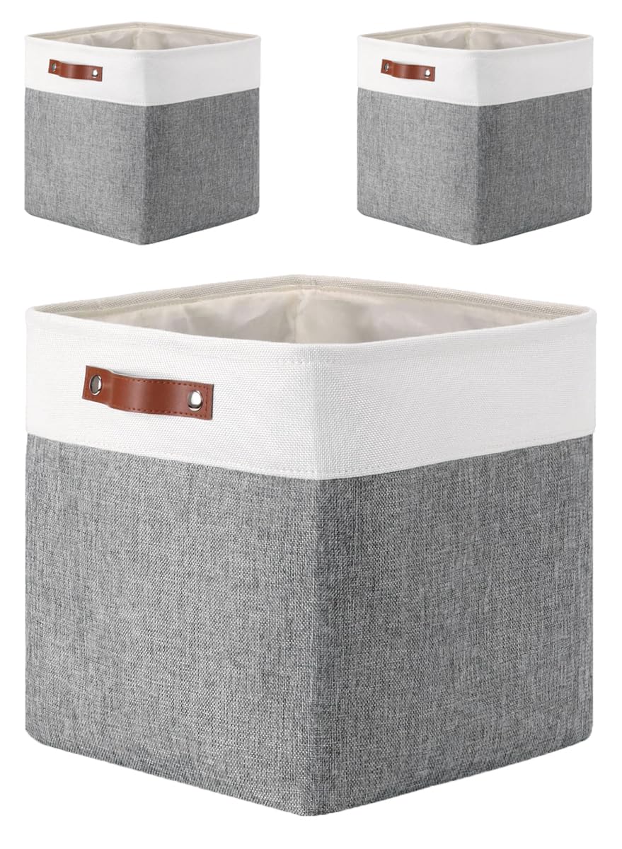 Mangata Storage Boxes, Set of 3 Fabric Storage Cubes with Handles(33x38x33cm, Grey White)
