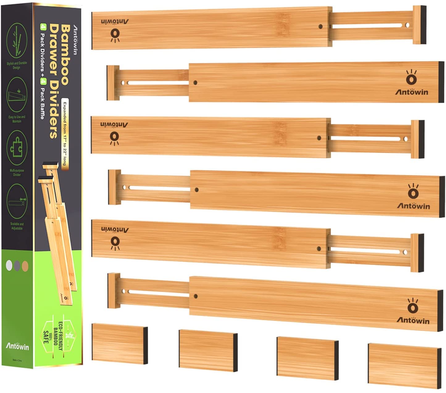 ANTOWIN 10Pcs Bamboo Drawer Dividers, Expandable Drawer Separators Splitter, 43-56 CM Long Adjustable Spring Loaded Organizer for Large Utensil