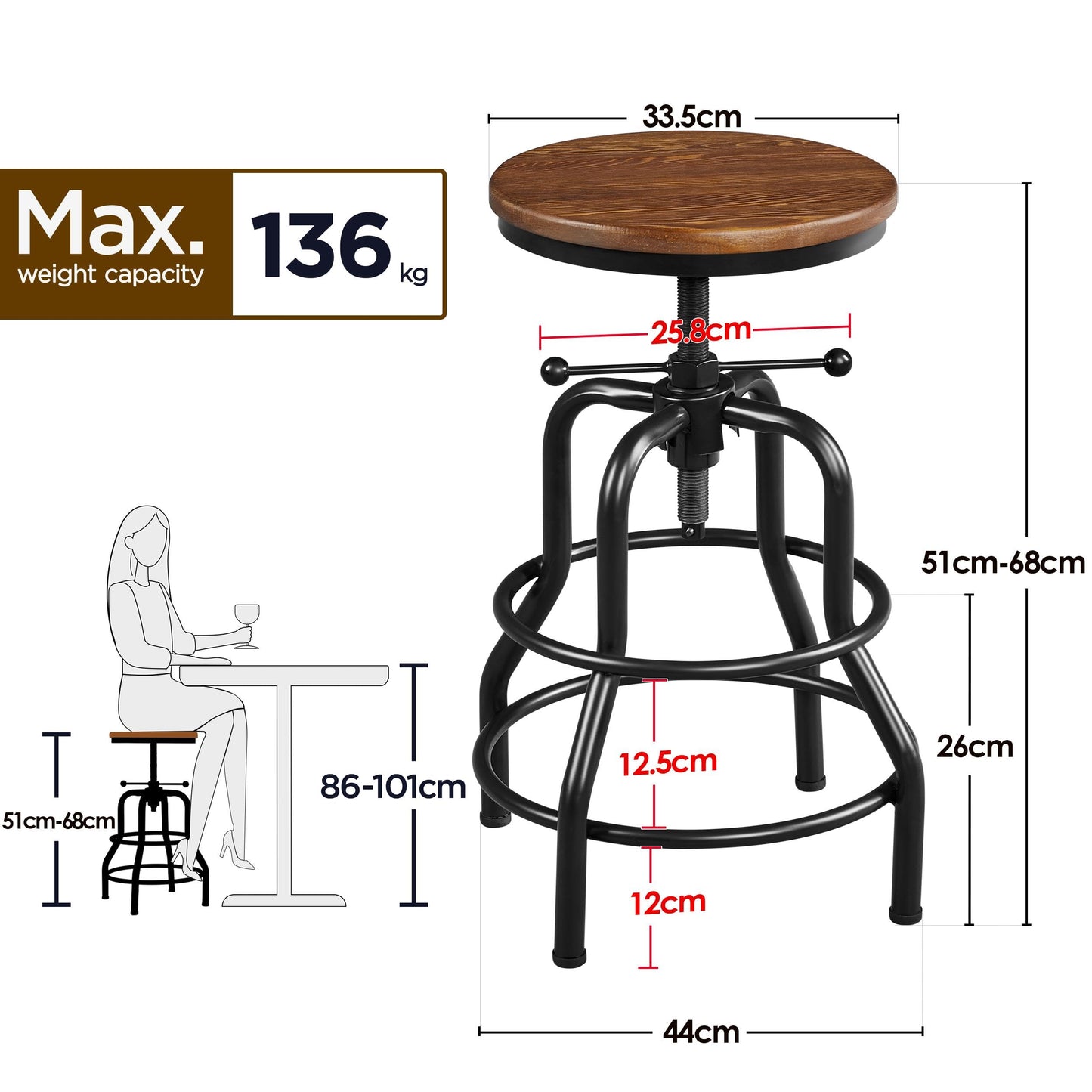 Yaheetech Vintage Round Adjustable Industrial Bar Stools, 1PCS Brown