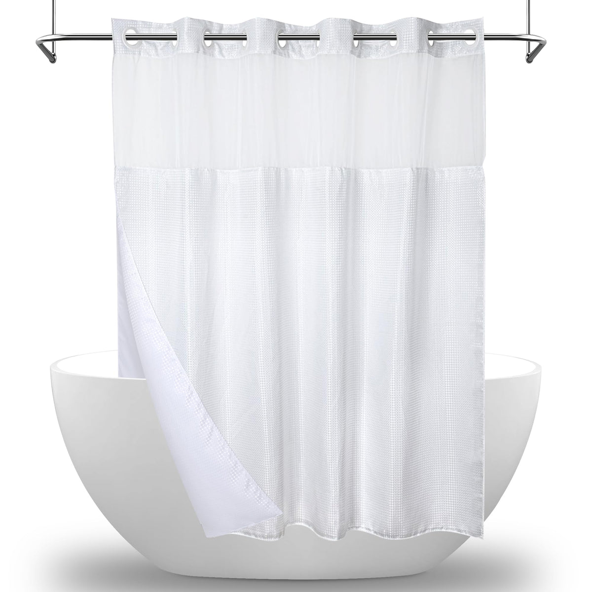 MEKOTRIN Hookless Shower Curtain with Snap on Liner Waffle Fabric Double Layer, 74 x 71 Inch Weighted White Shower Curtains with Viewing Window, Bath