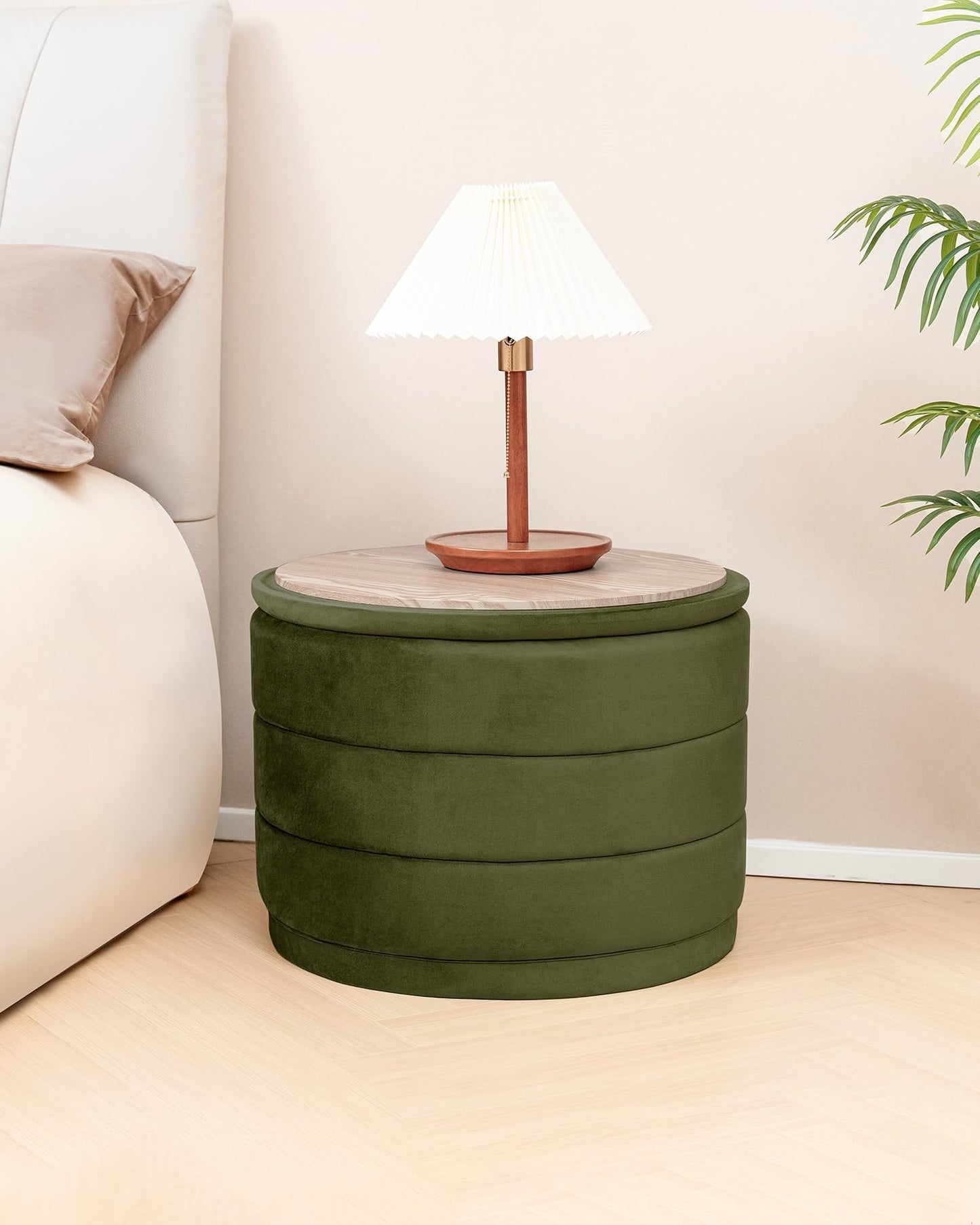Bonlife Large Storage Ottoman Round - Folding Foot Rest with Hidden Storage, Olive Velvet 58x58x44cm for Living Room, Bedroom & Hallway
