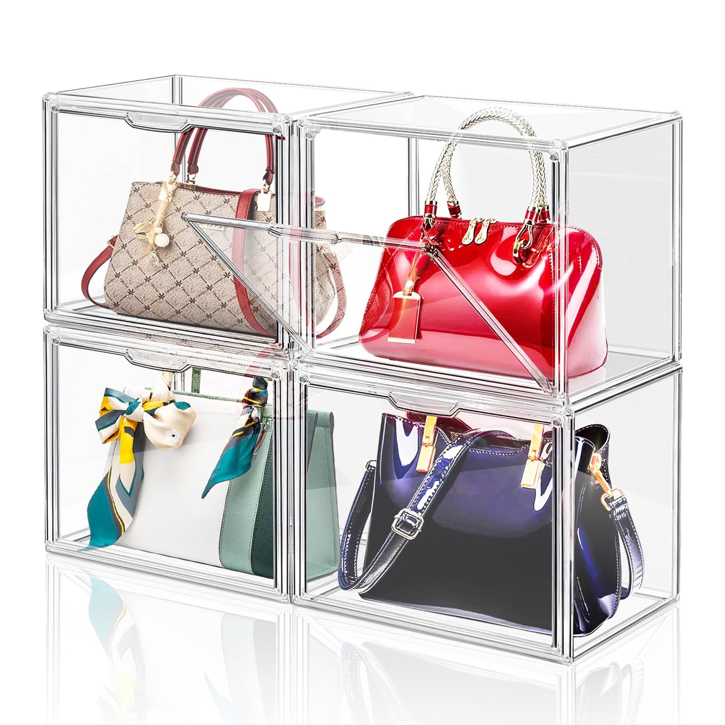 LINYAPRY 4 Packs Clear Plastic Handbag Storage Organizer for Closet, Acrylic Display Case for Purse and Handbag, Stackable Storage Boxes Bag Organizer
