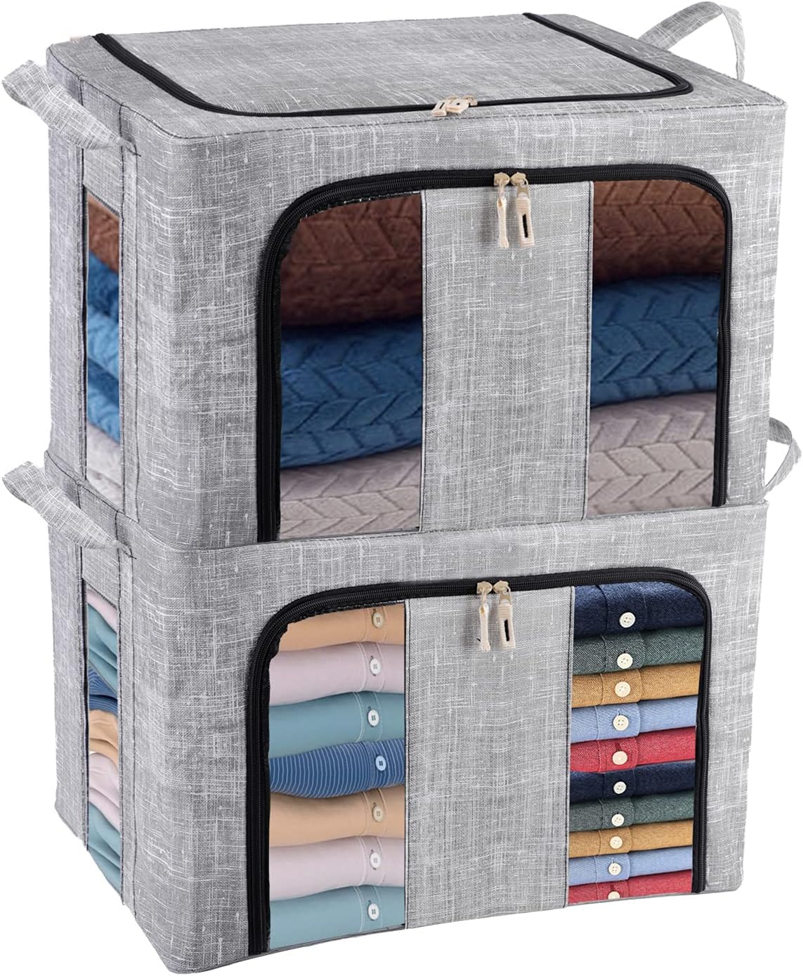 GUYAQ Clothes Storage Boxes 2PCS 66L, Folding Storage Bag with Fabric Steel Frame, Closet Organizer with Opening Zips for Storing Bedding, Blankets