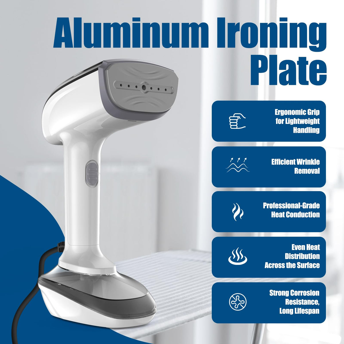 Powerful Handheld Fabric Steamer - 1800W with Fast Ceramic Heat-Up Plate, 2-in-1 Ironing & Wrinkle Remover, Steam Nozzle, Lint Brush - White, 220V