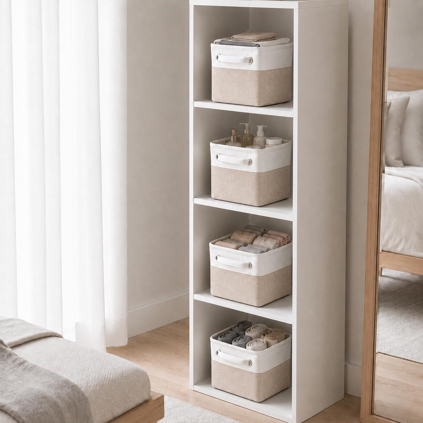 Mangata Set of 3 Fabric Storage Baskets, Light Khaki White S