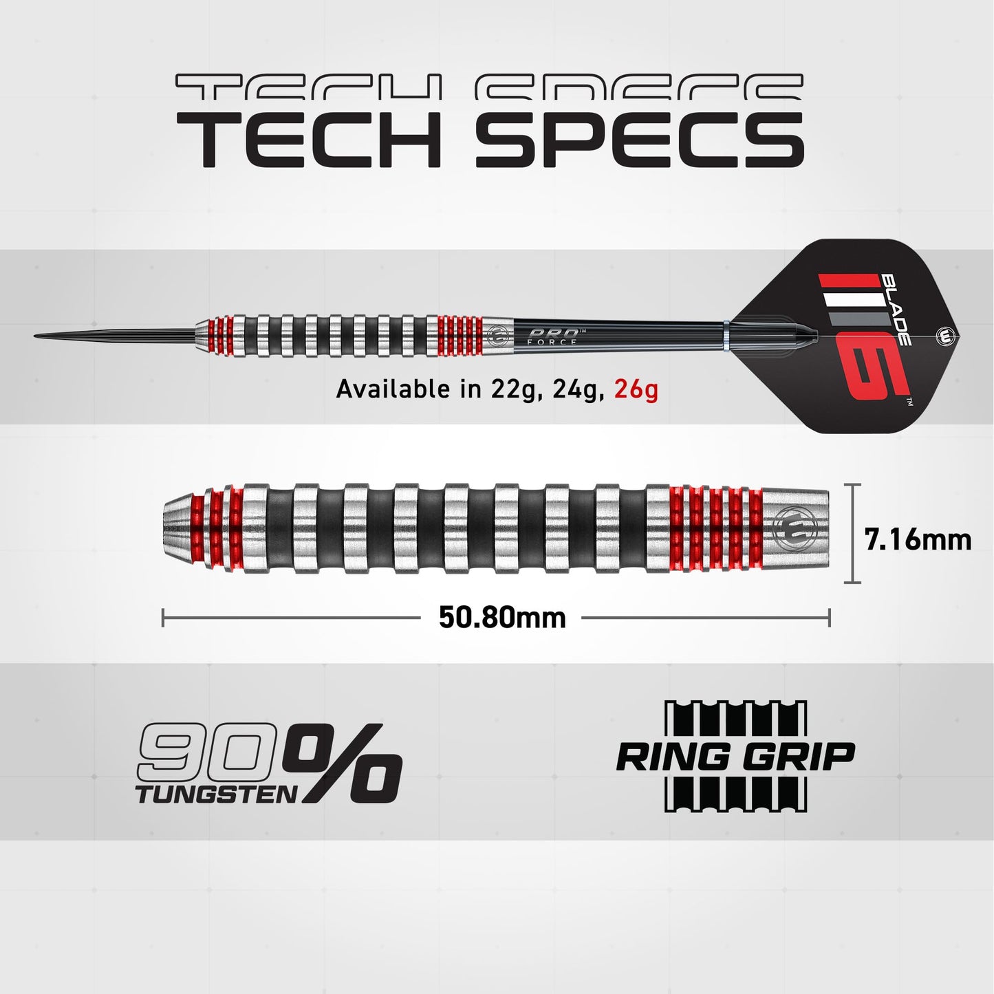 WINMAU Advance 500 Series Tungsten Red 26 Gram Steeltip Darts Set with Flights and Shafts (Stems)