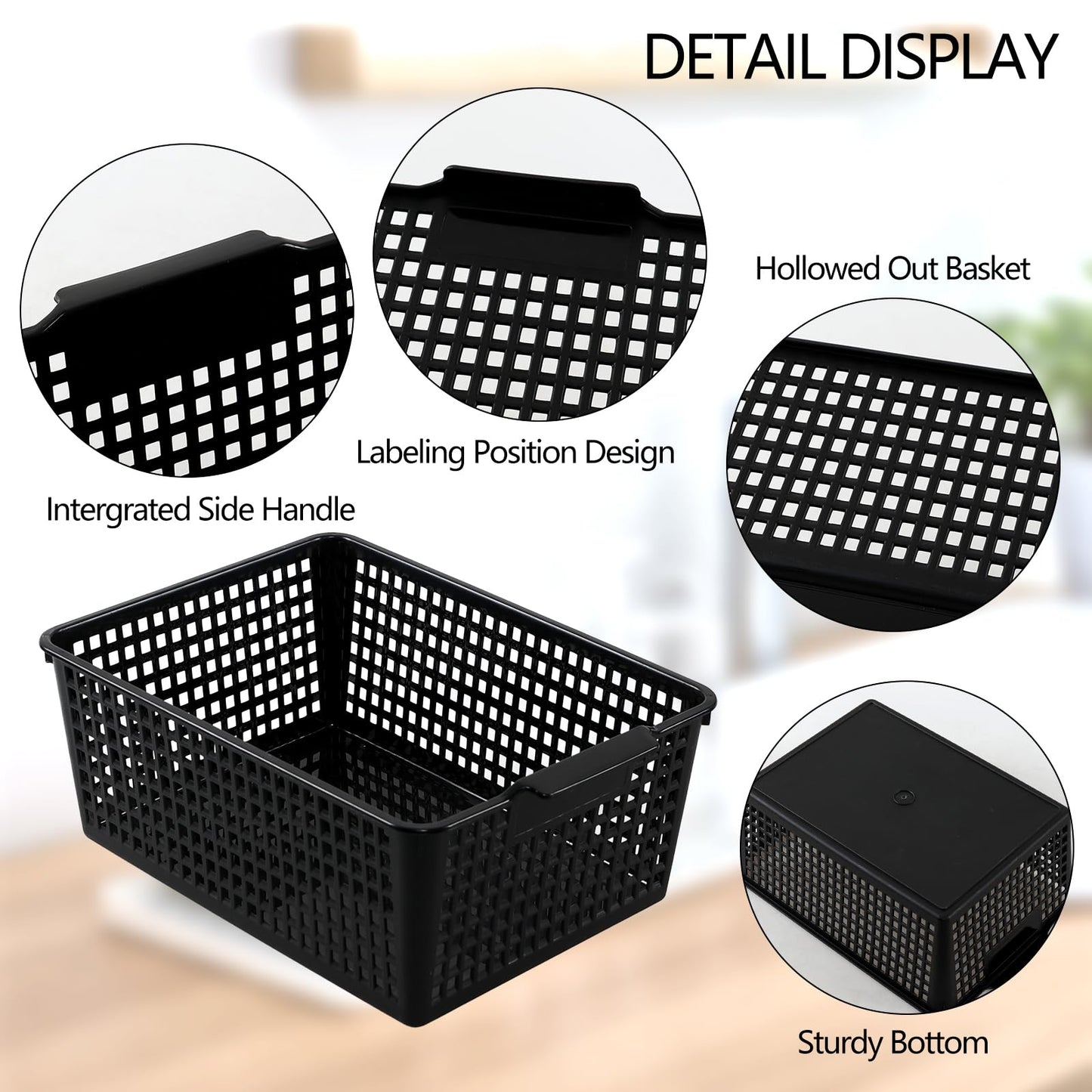 Loiycg 6 Packs Plastic Weave Storage Baskets, Kitchen Organiser Box, Black