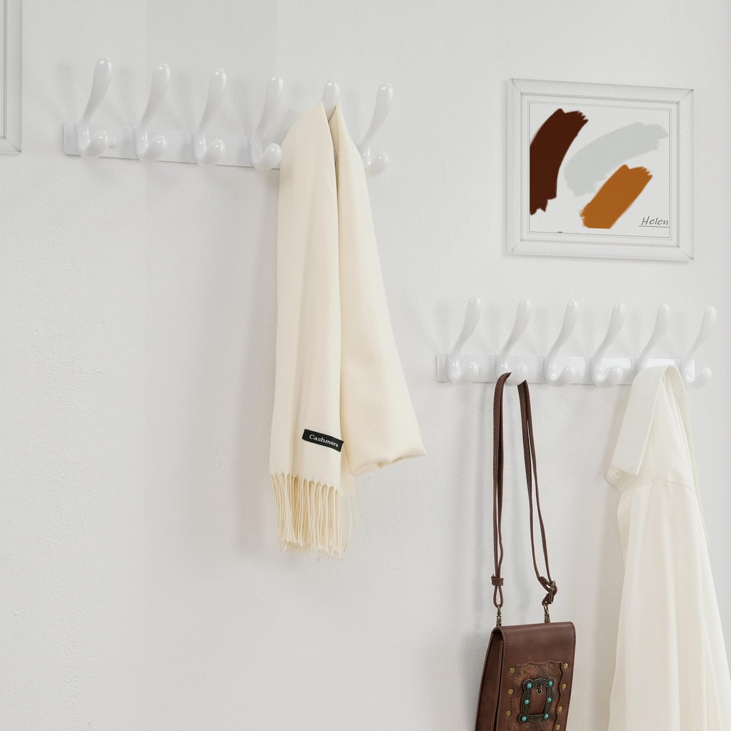 HONSKY 44cm Wall Mounted Coat Rack with 6 Doube Metal Hooks, White