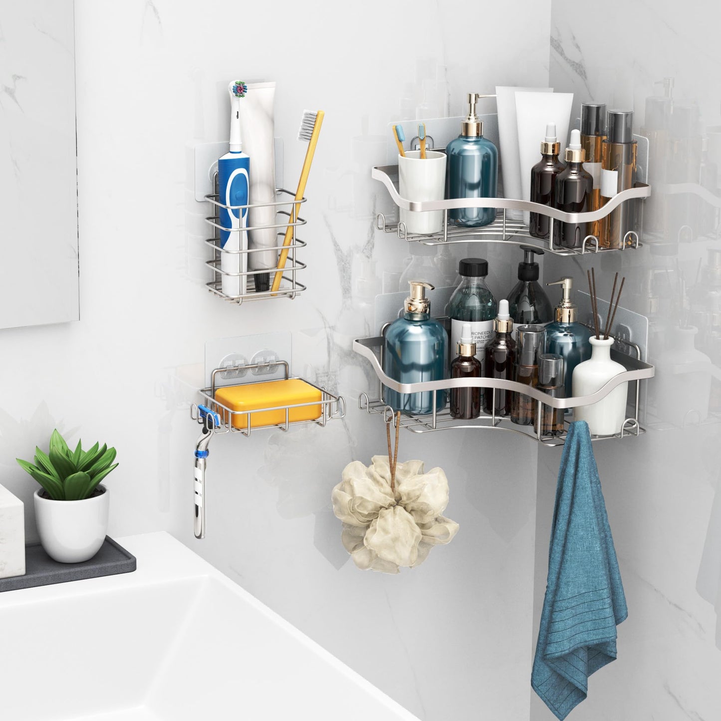 OETAMS Shower Caddy Corner with Soap Holder, 4 Pack Shower Organizer Sliver