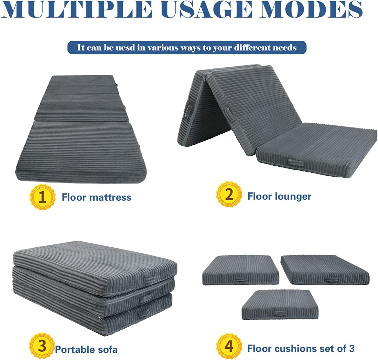 MeMoreCool Tri Folding Floor Mattress 190x75cm, 10cm Thick Foam Foldable Futon Mattress with Washable Cover, Portable Guest Bed Mat for Travel