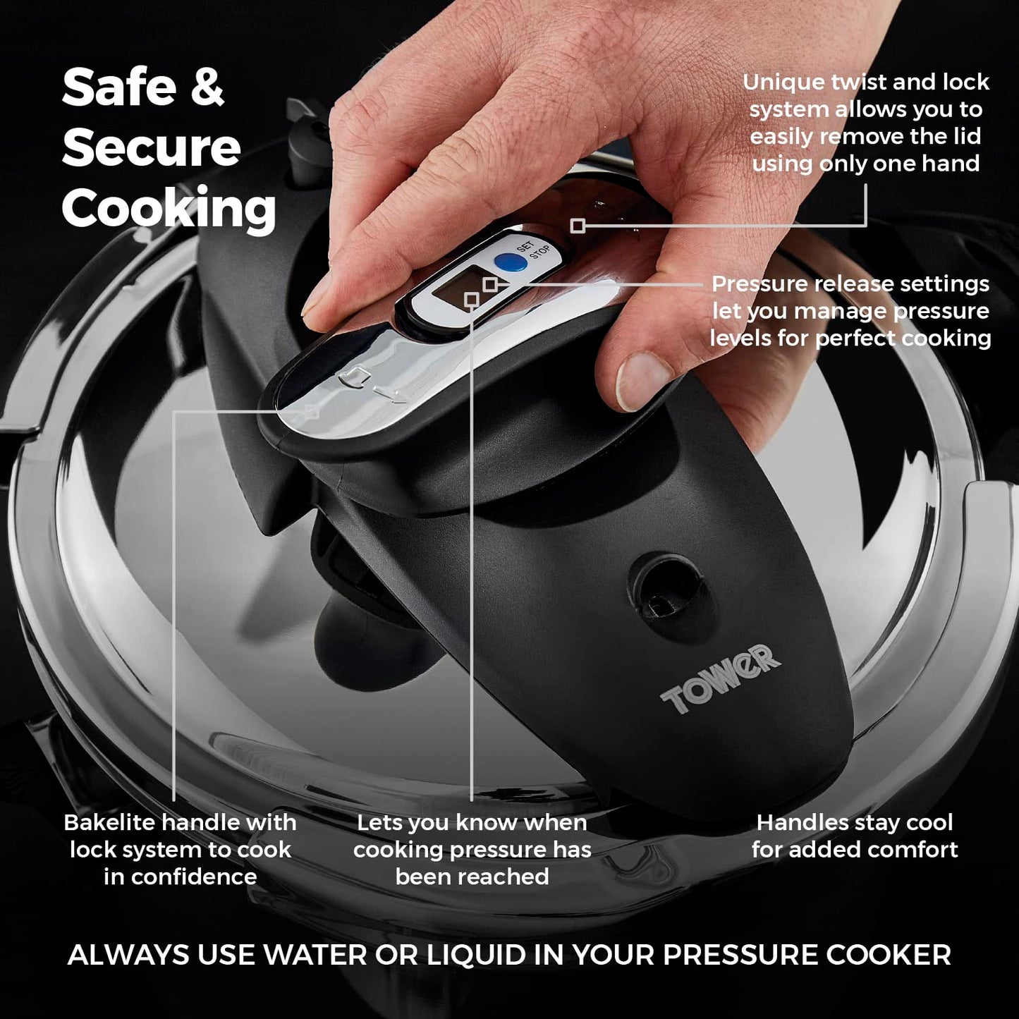 Tower T920002 One-Touch Ultima Pressure Cooker with Detachable 60-Minute Timer, 4L, Stainless Steel