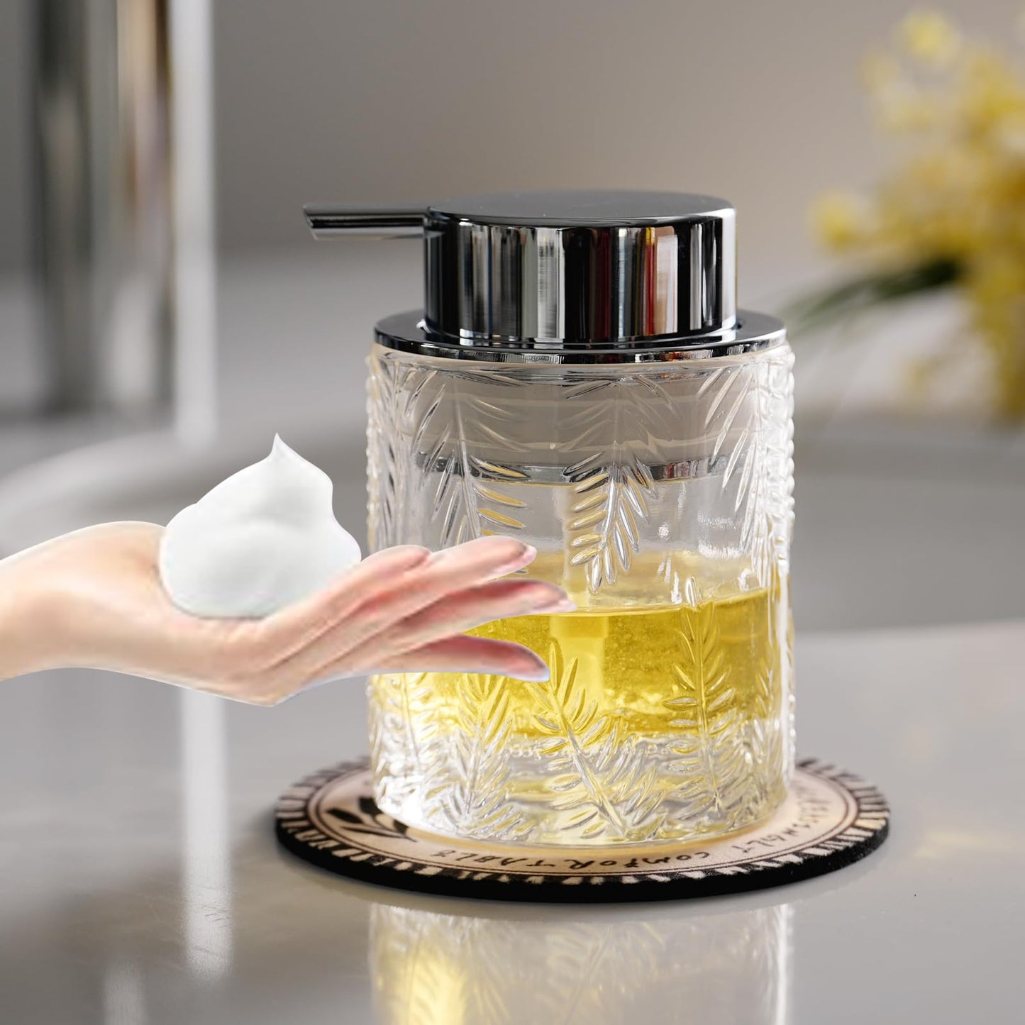 CICUFY Foaming Hand Soap Dispenser - Glass Foam or Lotion Dispenser for Kitchen & Bathroom, Refillable With Large Silver Pump (Leaf Pattern-Clear)