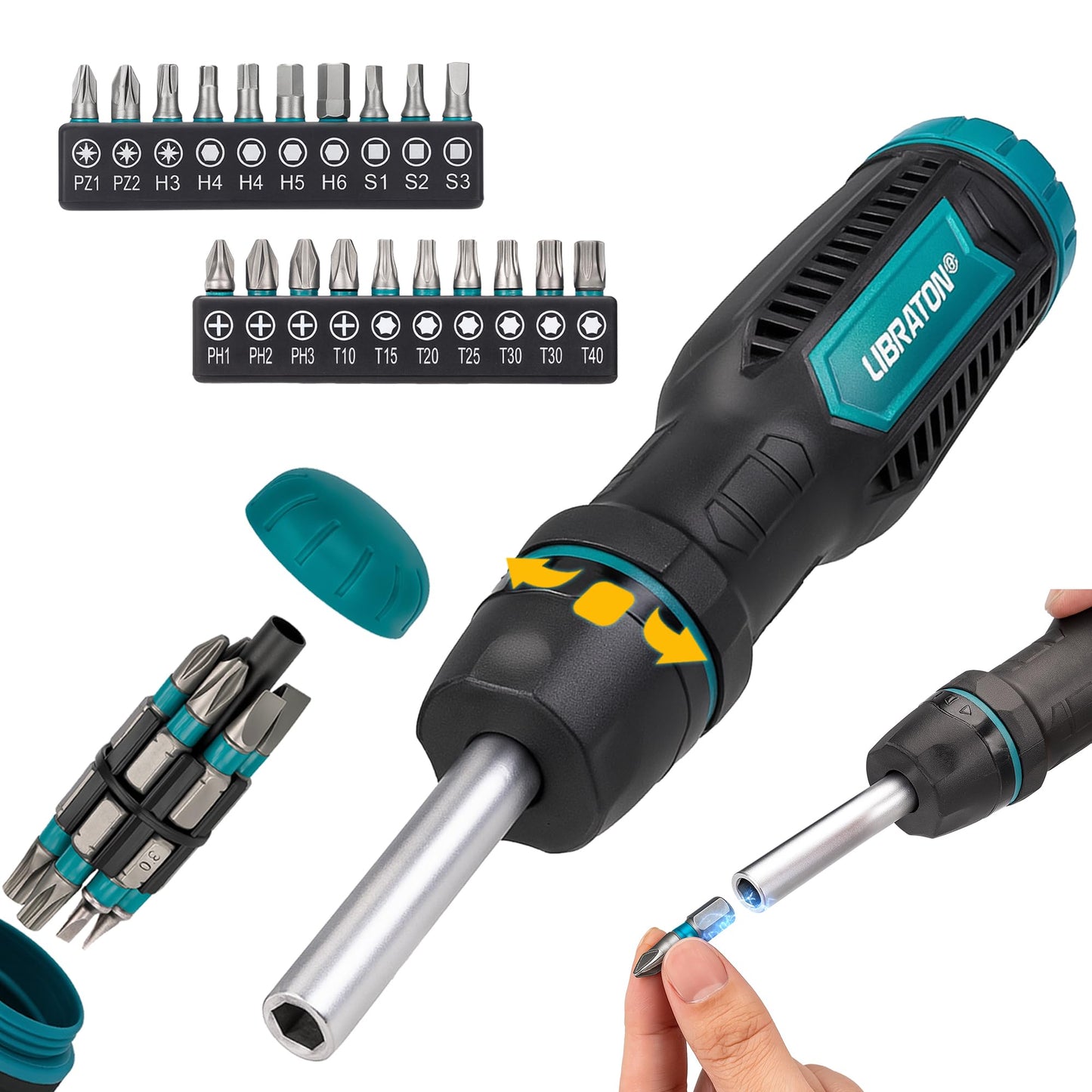 LIBRATON Ratcheting Screwdriver Set, Multi-bit Screwdriver Tool, 33-in-1 Magnetic Ratchet Screw Driver, Slotted/Philips/Pozi/Torx/Hex/Square Bits,