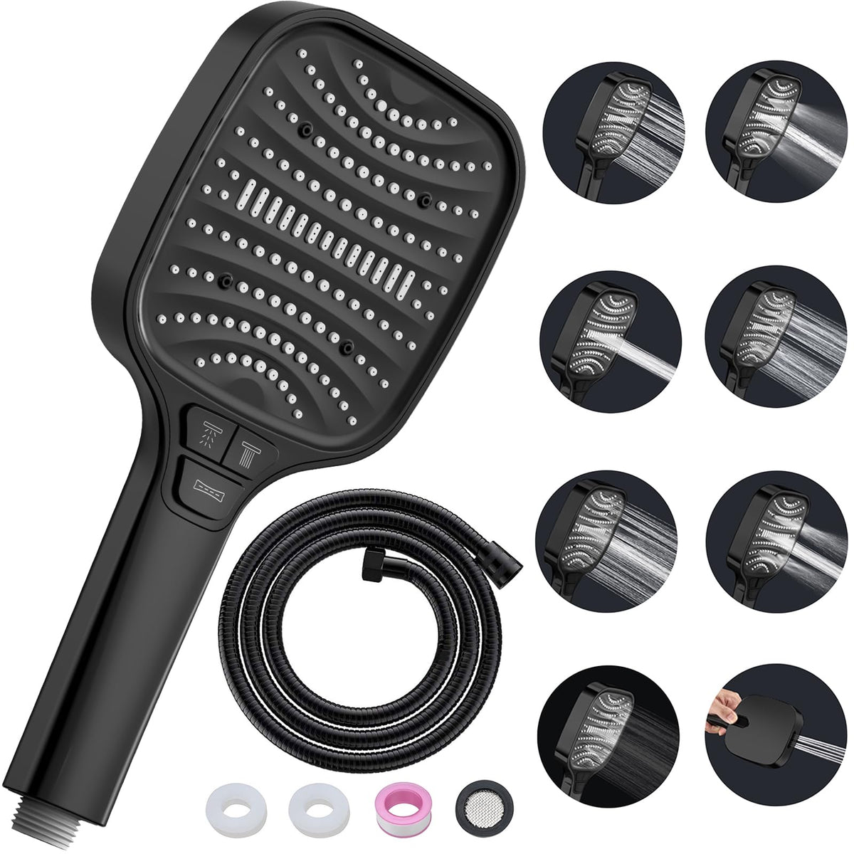 Shower Head High Pressure Shower Heads ? with 8 Spray Modes and 1.5m Hose, Black Shower Head and Hose Set, Square Handheld Showerhead for Bathroom