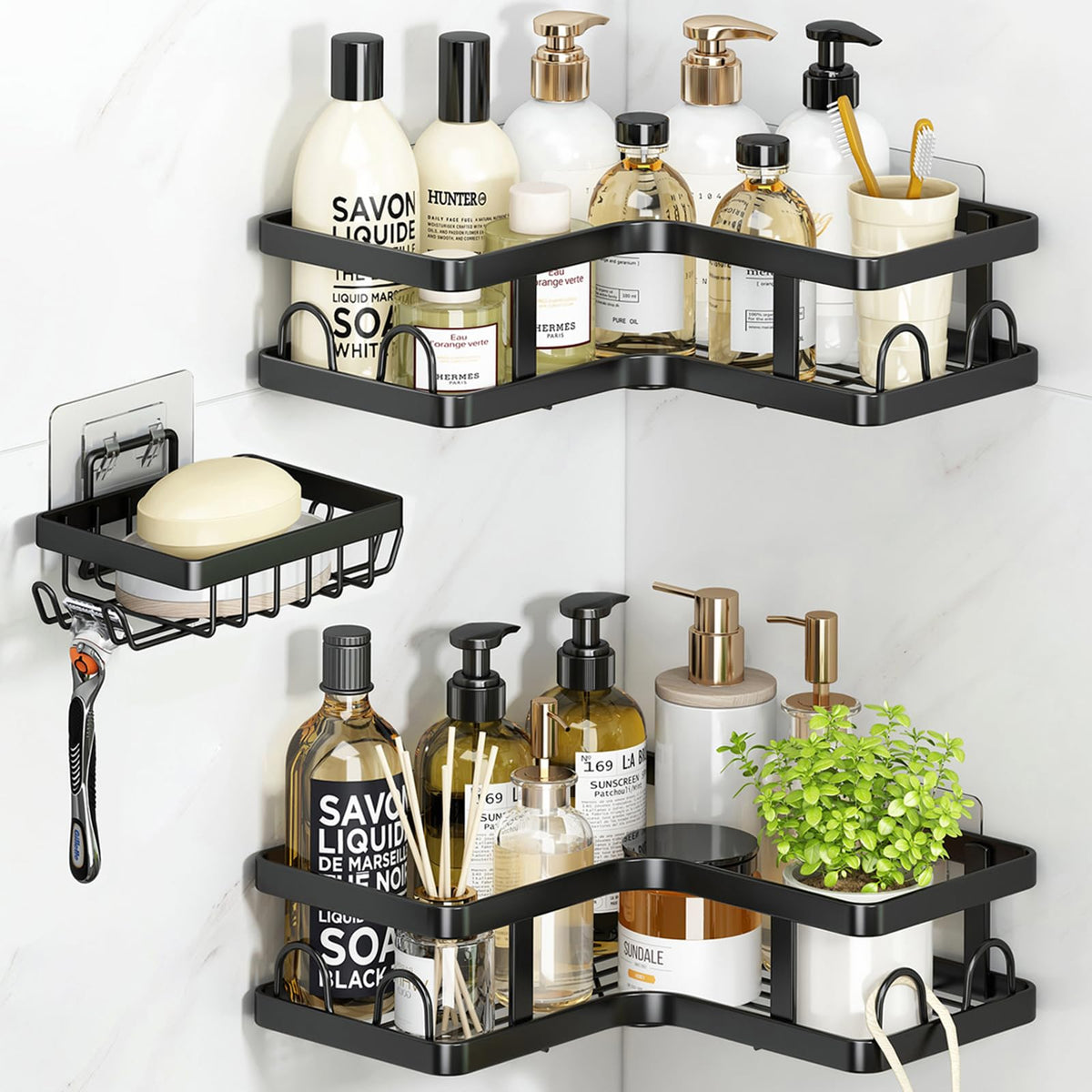 ZVZM Corner Shower Caddy Organiser Rack Accessories, 3 Pack Shower Shelves Shelf Storage No Drilling with 12 Hooks, Bathroom Storage Shelves Accessory