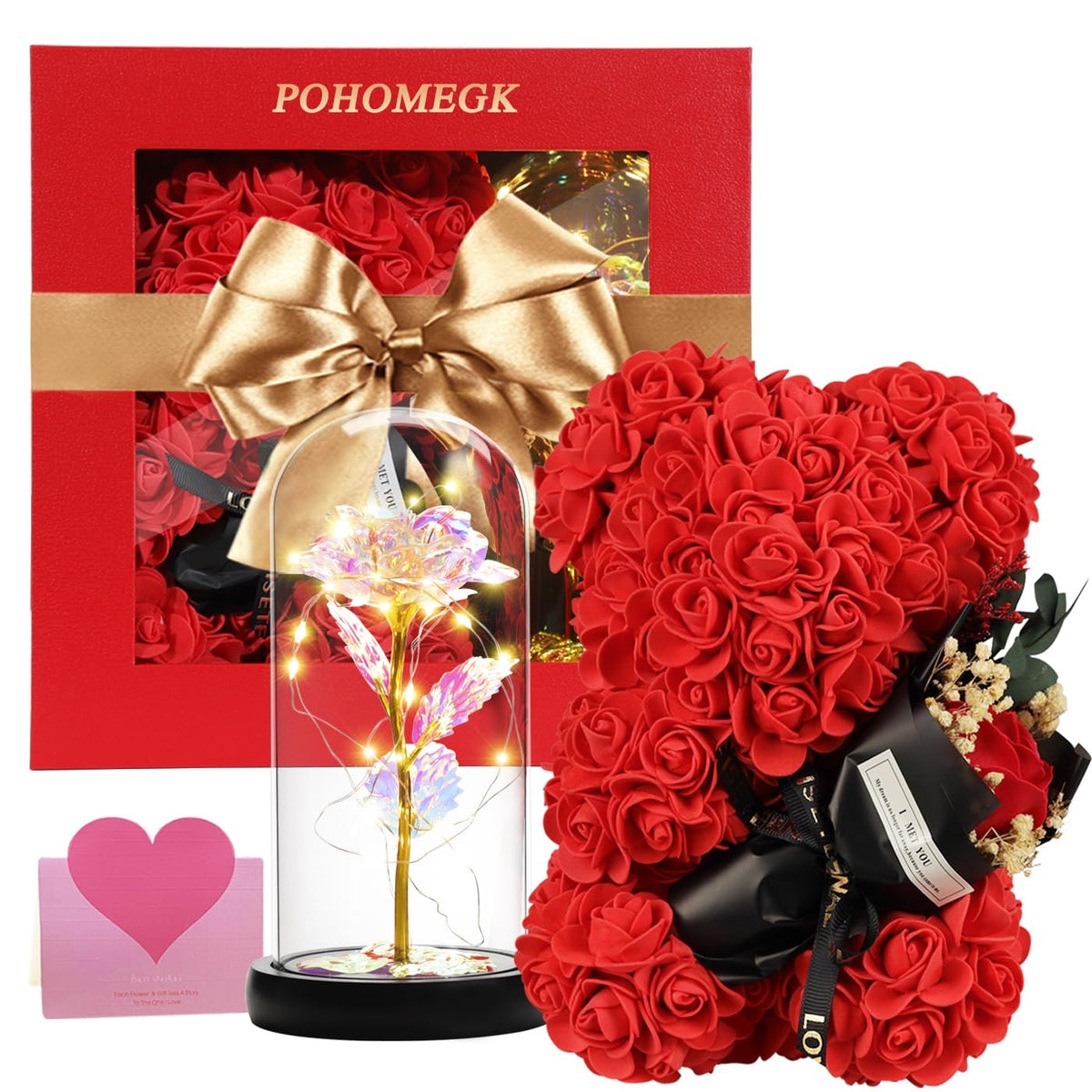 POHOMEGK Rose Bear Mothers Day Flower Gifts for Women, Rose Teddy Bear Birthday Gifrs for Mum Wife Daughter Girlfriend, Flower Bear Beauty and The