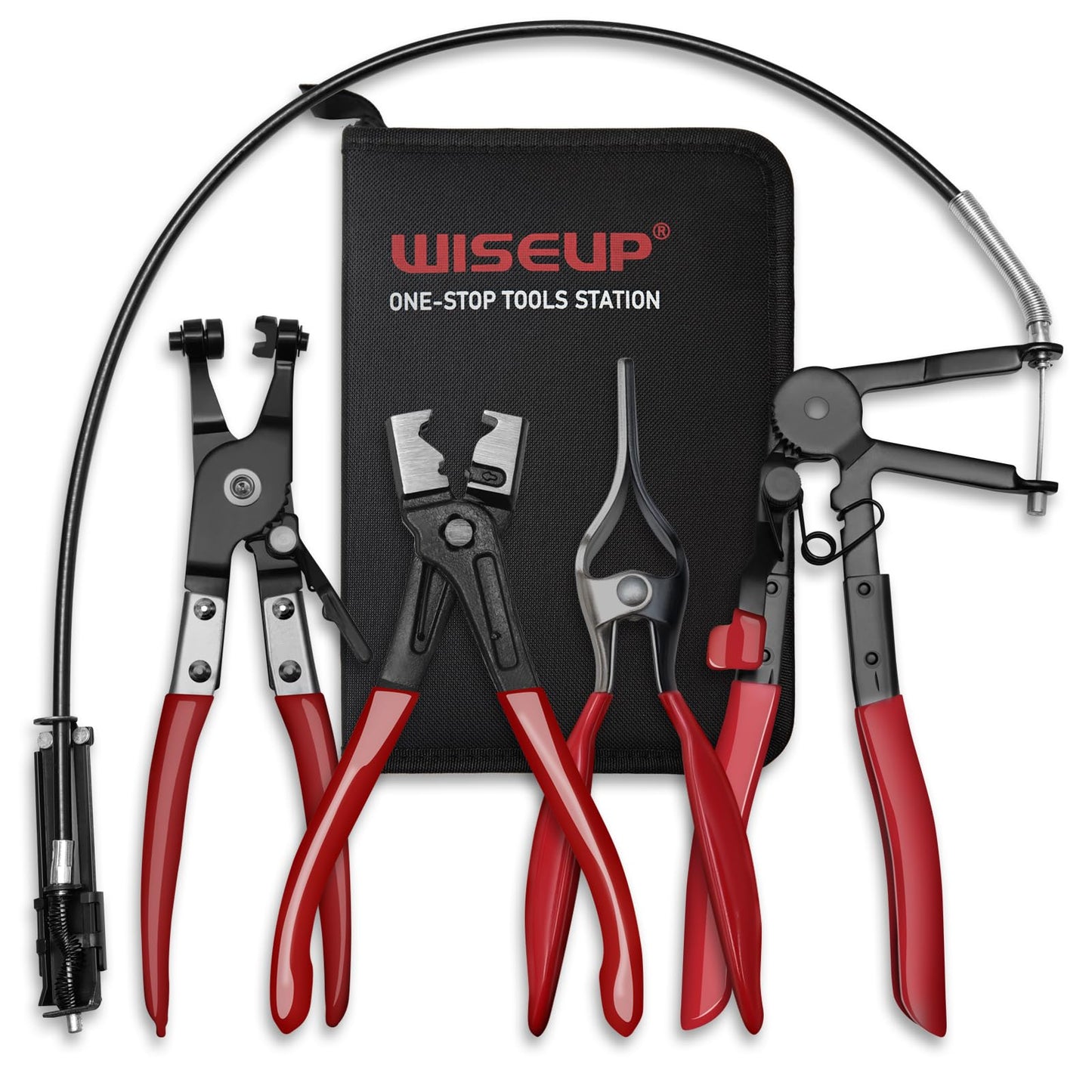 WISEUP 4PCS Hose Clamp Pliers Set - Includes 27" Long Reach Wire Spring Plier, Clic-R Type Pliers, Hose Remover & Flat Band Clamp Tool - for