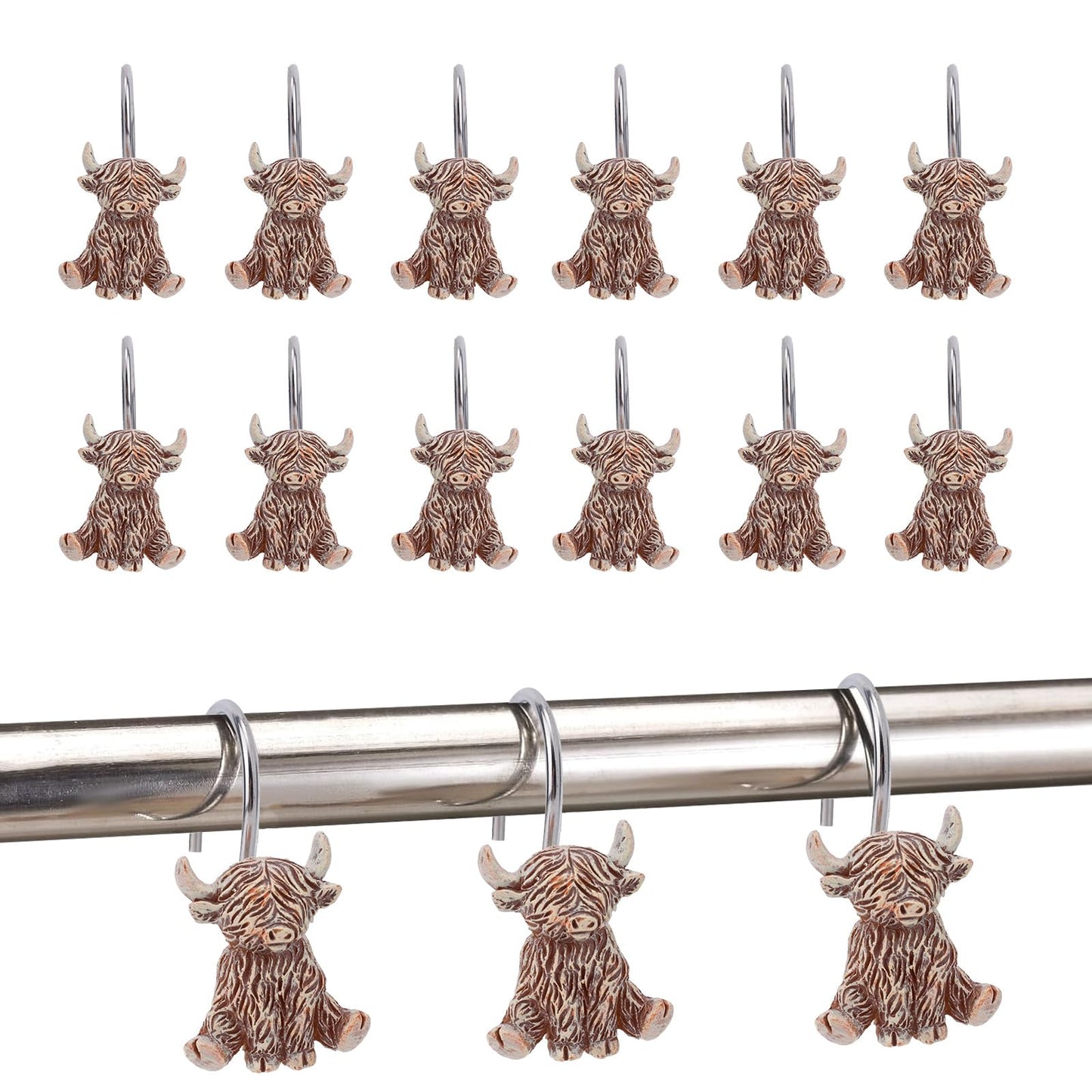 Fukaisu 12pcs Highland Cow Shower Curtain Hooks, Rustic Western Highland Cow Bathroom Shower Curtain Hooks Cute Resin Hangers Suitable for Bathroom