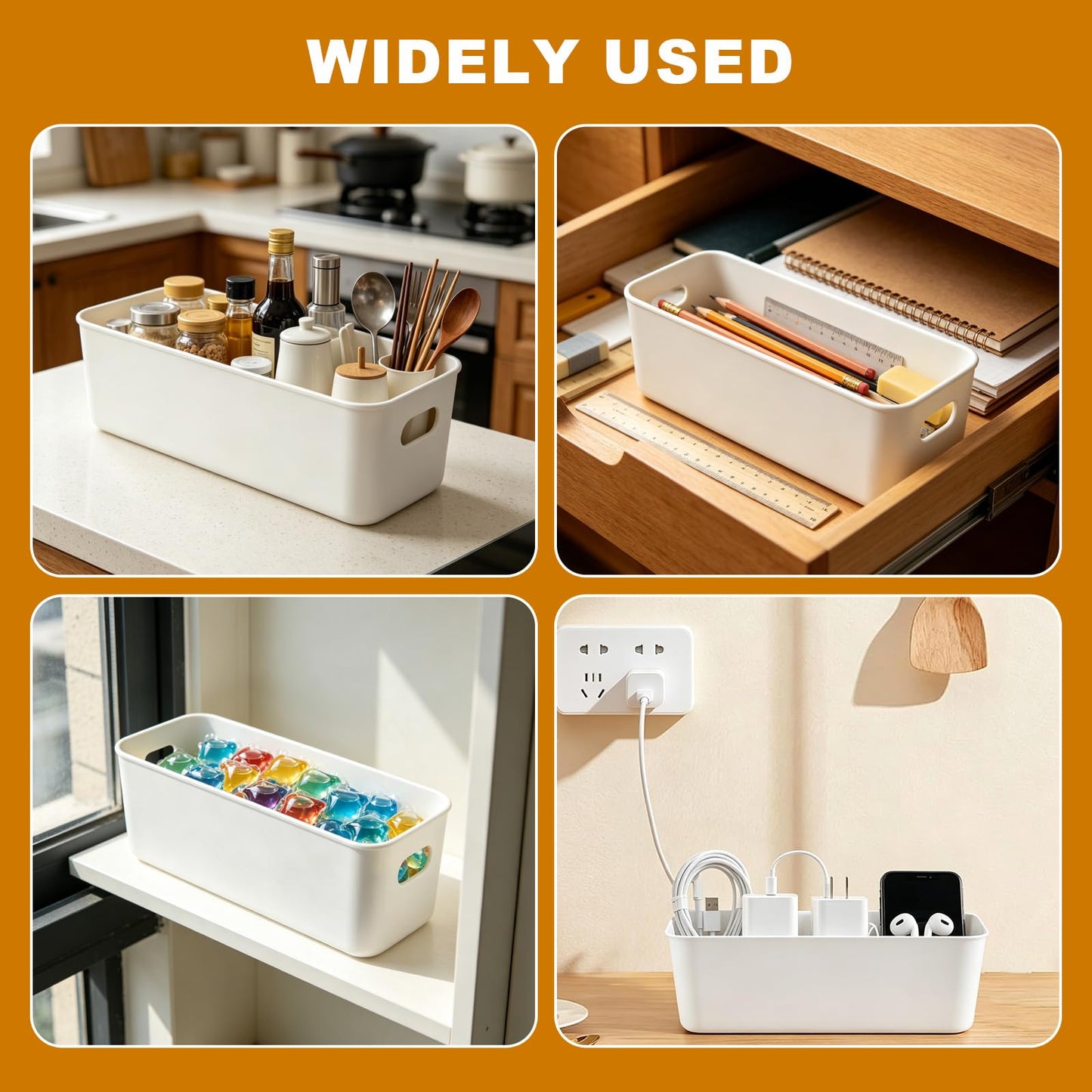 10 PCS White Narrow Plastic Storage, Rectangular Narrow Cupboard Organiser Boxes with Handles, Storage Containers for Kitchen, Home, Office, Bathroom