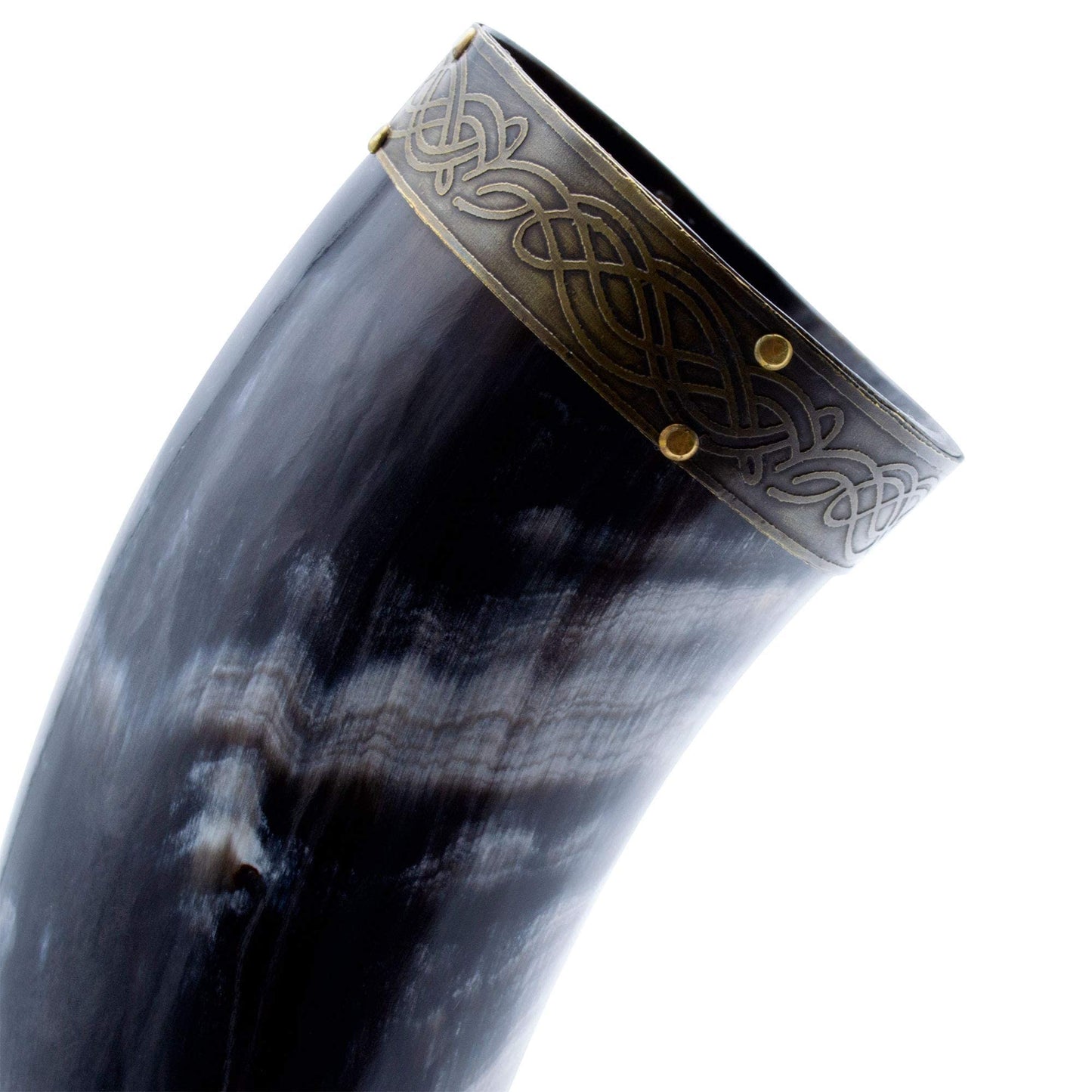 Norse Tradesman Genuine 50 cm Ox-Horn Viking Drinking Horn with Brown Leather Holster, Horn Stand & Brass Wolf Adornments | Burlap Gift Sack Included
