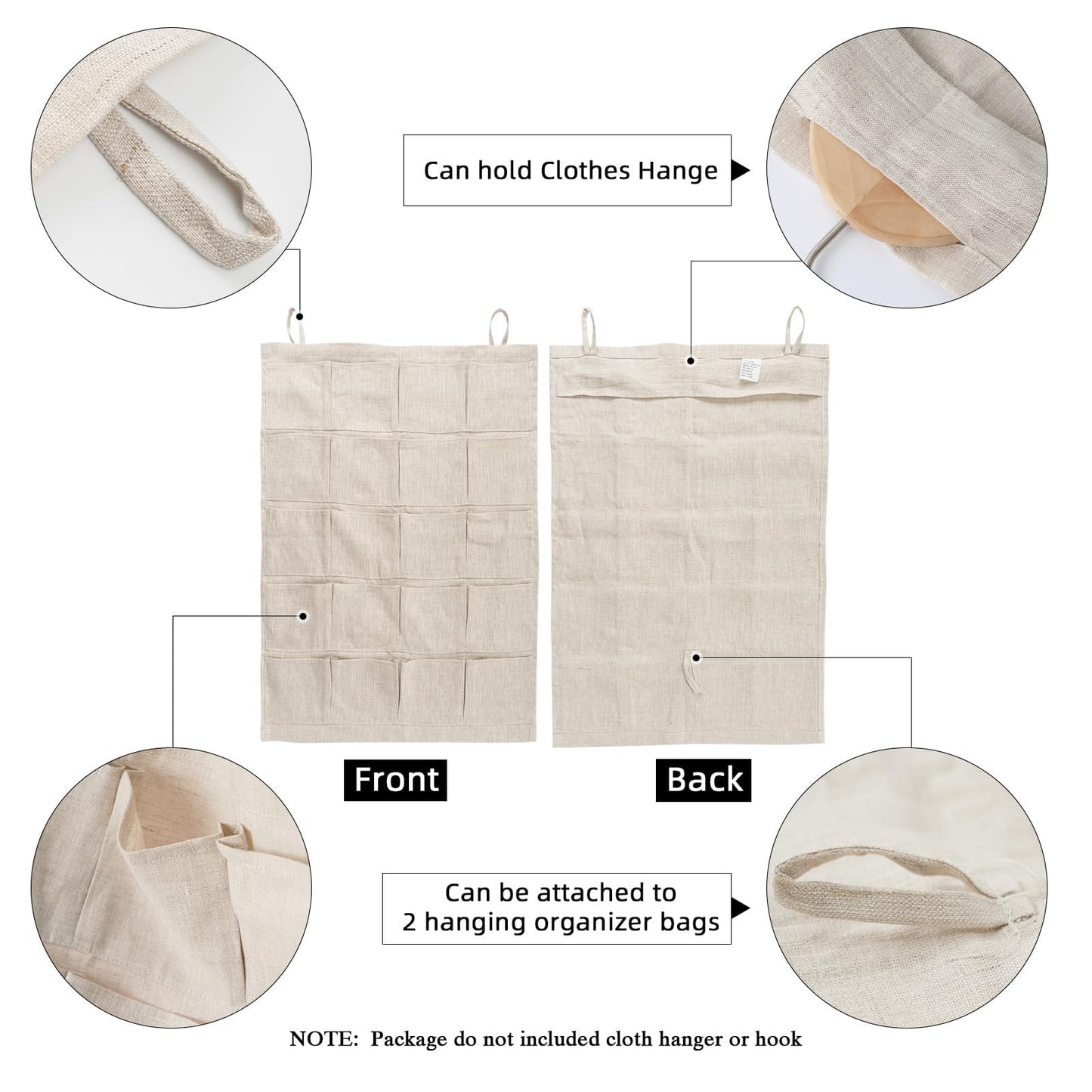 HSOFTIFY 100% Pure Linen Hanging Storage Bags with 20 Pockets, Linen