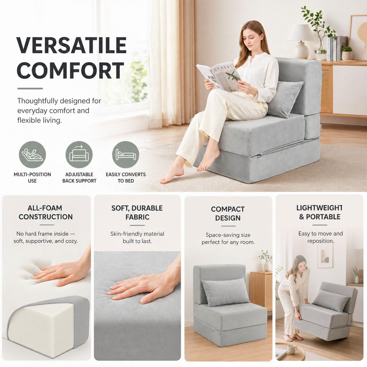 TokSay Folding Sofa Bed, Convertible Sleeper Chair, No Assembly (Grey)