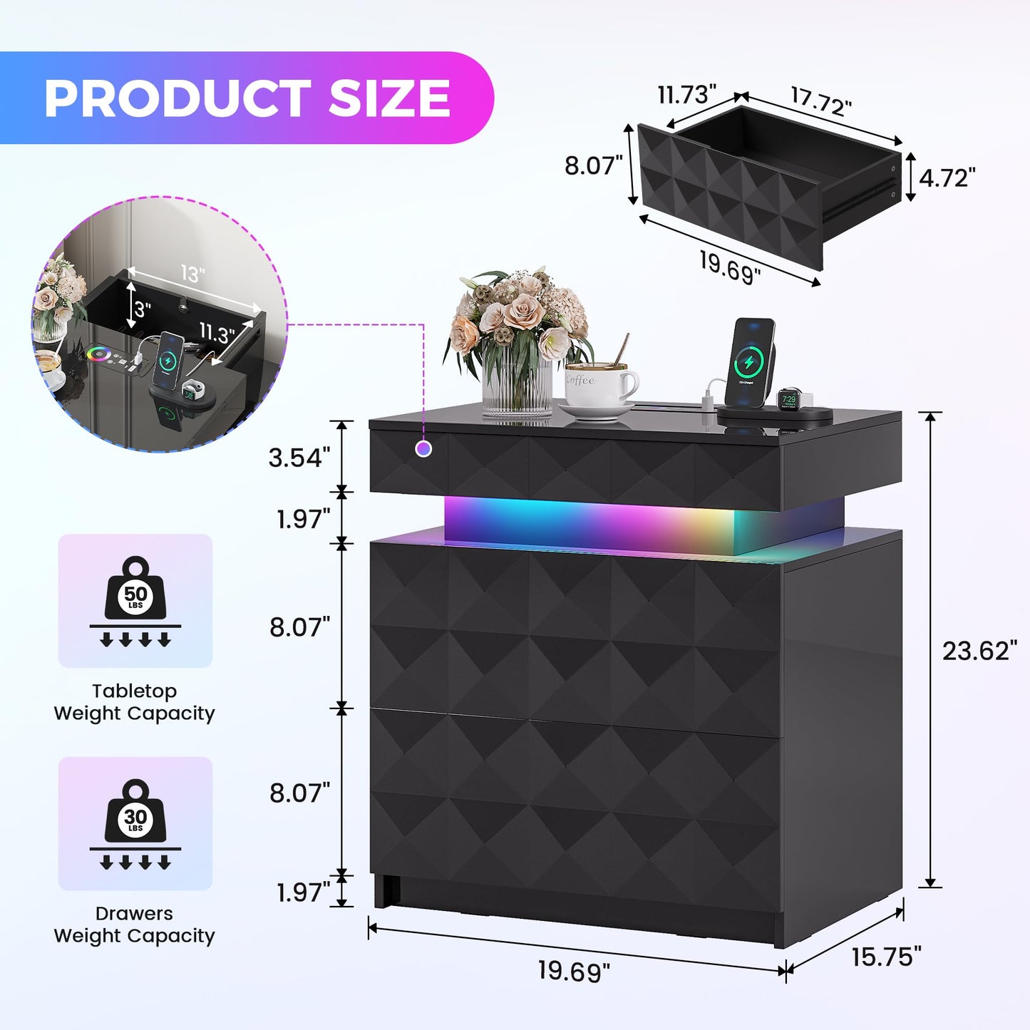FREDEES RGB Bedside Table with Hidden Drawer for Bedroom, Black