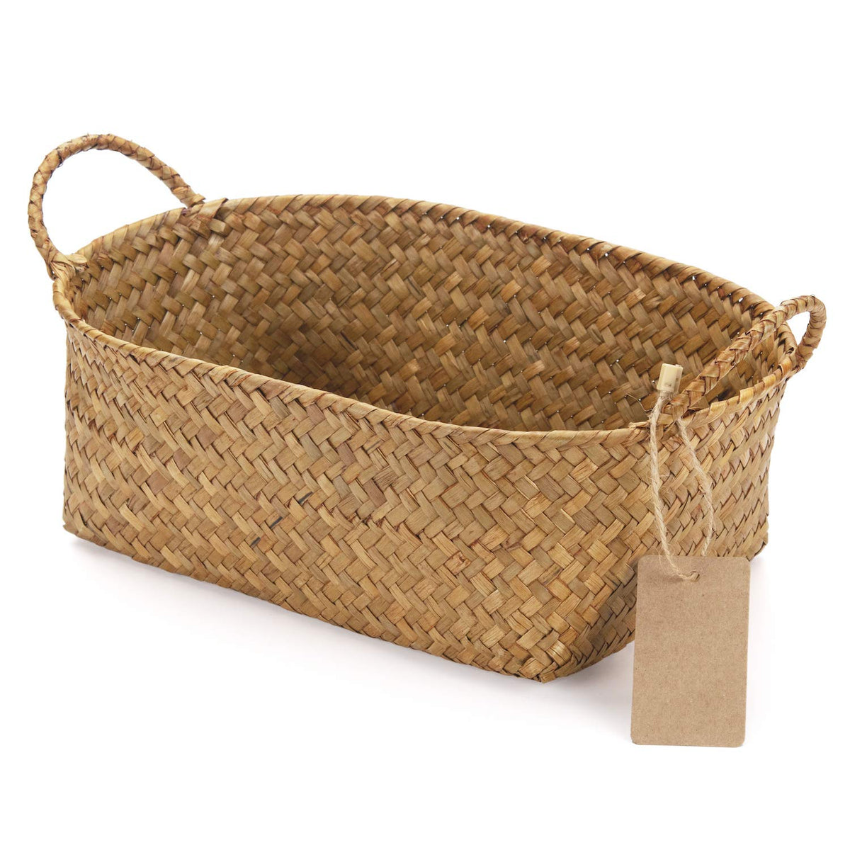 Seagrass Storage Basket with Handle Stackable Natural Woven Organization Shelf Baskets Oval Set of 3 (Large+Medium+Small)