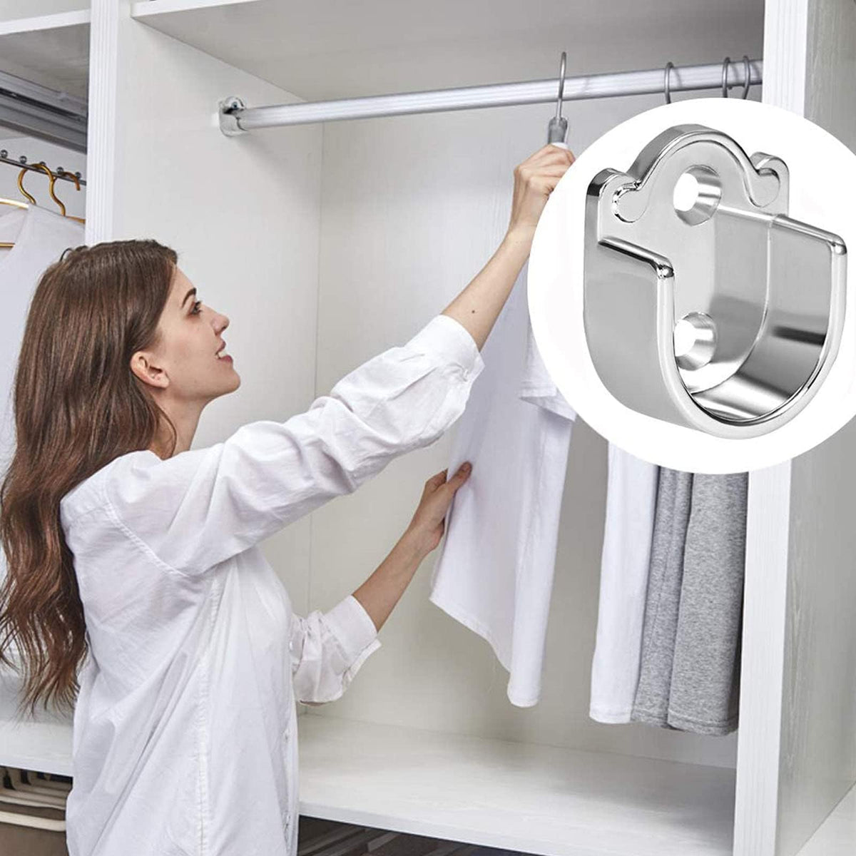 TOP-VIGOR 2Pcs Wardrobe Pole Bracket, 25mm Dia U Shaped Shower Curtain Rail, Zinc Alloy Flange Rod Holder Shower Curtain Rod Pole End Supports