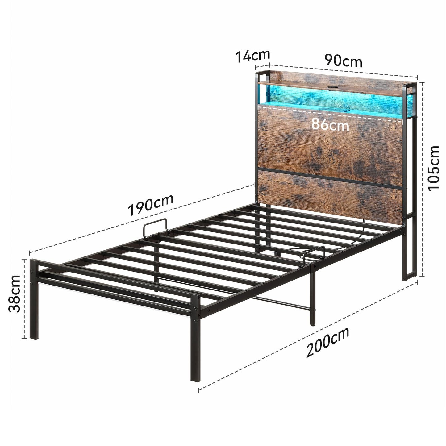 ODK 3ft Single Bed Frame with Storage Wooden Headboard, 90x190cm