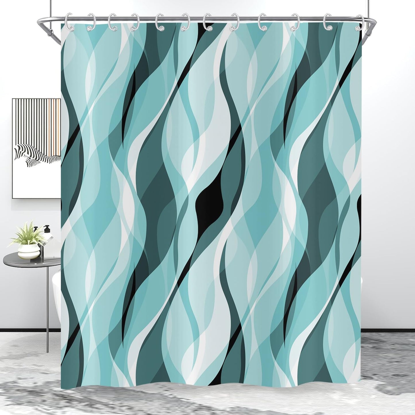 Hnmdmyi Turquoise Shower Curtain 180x200, Modern Abstract Turquoise and Grey Striped Bathroom Curtains with Hooks Waterproof Polyester Fabric