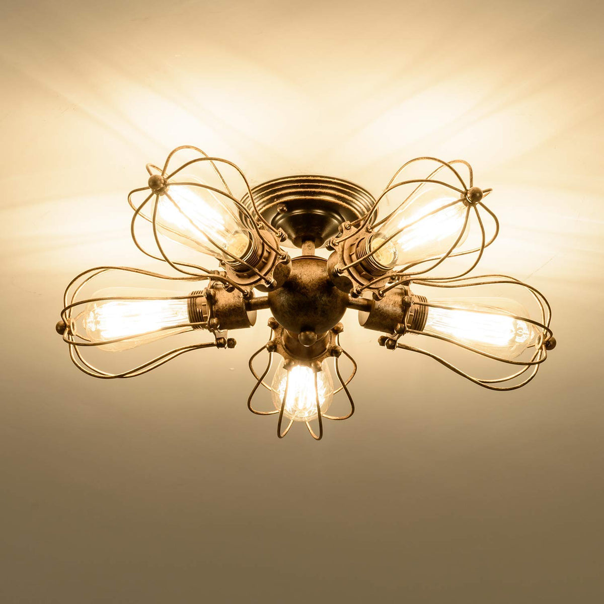 GLADFRESIT Vintage Ceiling Lights Adjustable Socket Retro Chandeliers Metal Wire Cage Lamp Semi-Flush Mount Rustic Ceiling Light Indoor Home