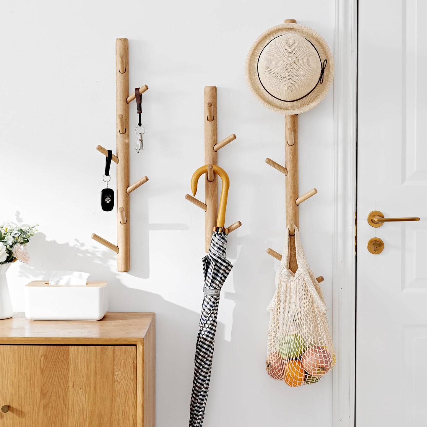 TREOAKWIS Vertical Coat Rack 50cm, Wood Hat Rack Wall Mounted with 5 Hooks