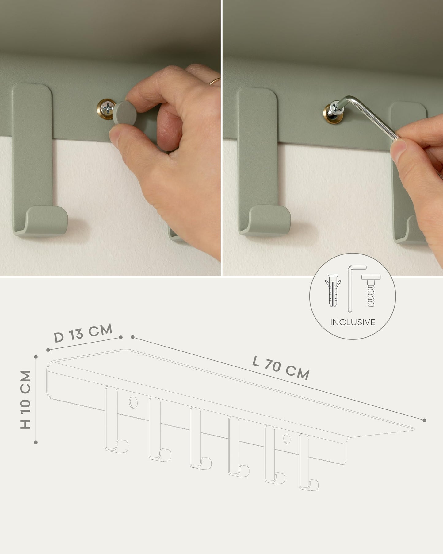 Kazai. Wall Mounted Coat Rack with Shelf 'Holmsen' | Modern Coat Hooks Wall Mounted | Hanger with Storage Shelf | Metal Hook Rack for Hallway