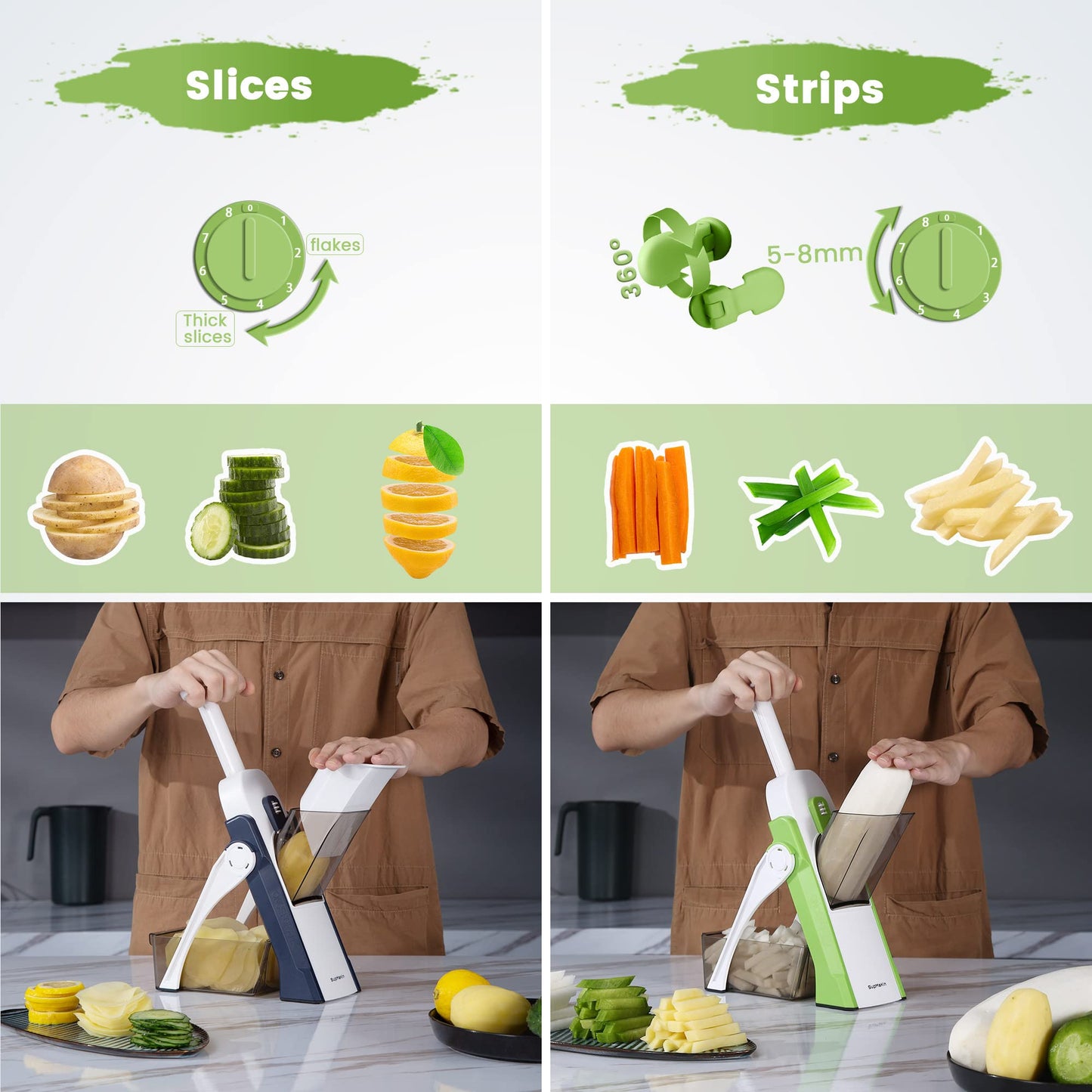 SUPMAKIN Safest Mandoline Vegetable Slicer/Chopper, Potato Chip Cutter, Multifunctional Veg Chopper with 4 Cutting Modes to Slice, Dice, Chop,