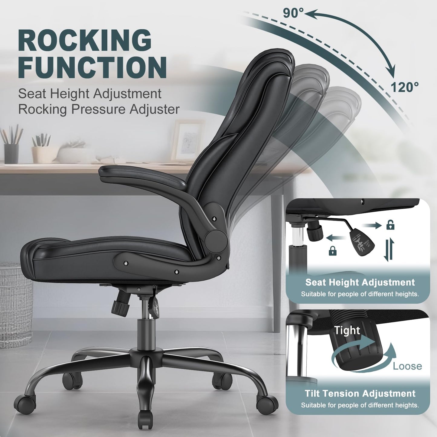 AnyGod Executive Office Chair,Ergonomic Desk Chair with Lumbar Support,High Back Swivel Computer Chair with 90 Degree Flip-Up Armrests,Black Faux