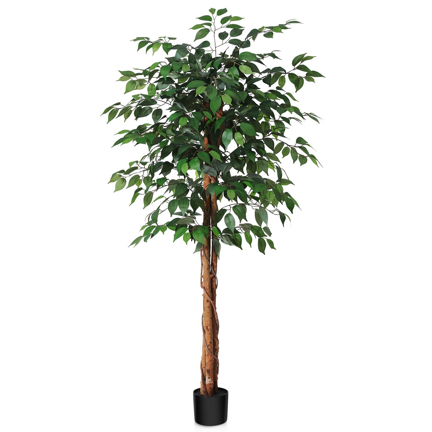 SOGUYI 150cm Artificial Ficus Tree with Natural Wood Trunk, Silk Fake Ficus Tree in Plastic Nursery Pot, Faux Plant for Office Home, Indoor Outdoor
