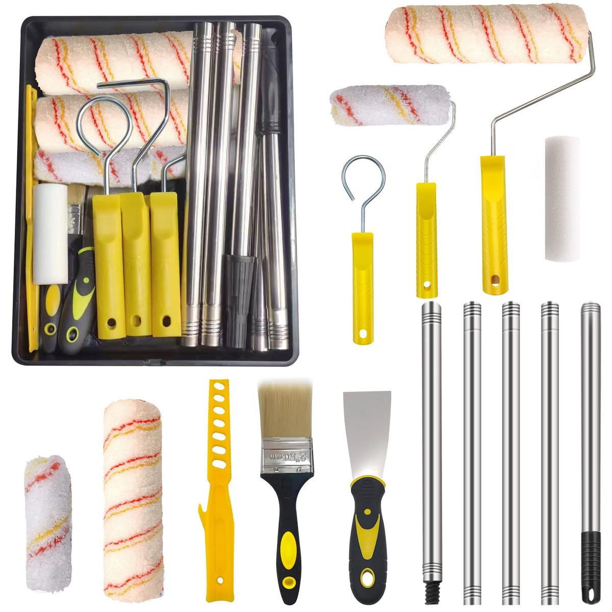 HpCuales 13pcs Paint Roller Set,Paint Rollers & Tray Set with Extension Pole,Includes a Paint Tray,Brush,Large and Mini Rollers & Sleeves,Paint