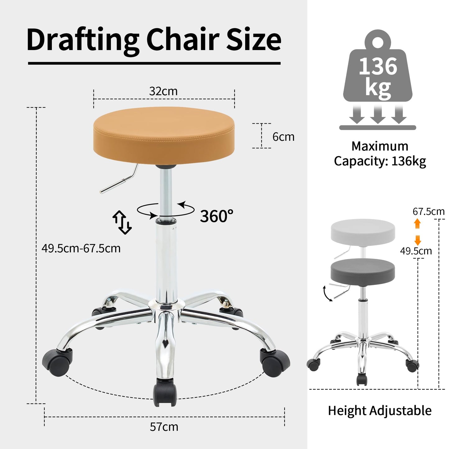 FIRAVOE Adjustable Rolling Office Stool with Wheels, Swivel Desk Chair 49.5–67.6 cm Height, Comfortable and Sturdy Work Stool for Office