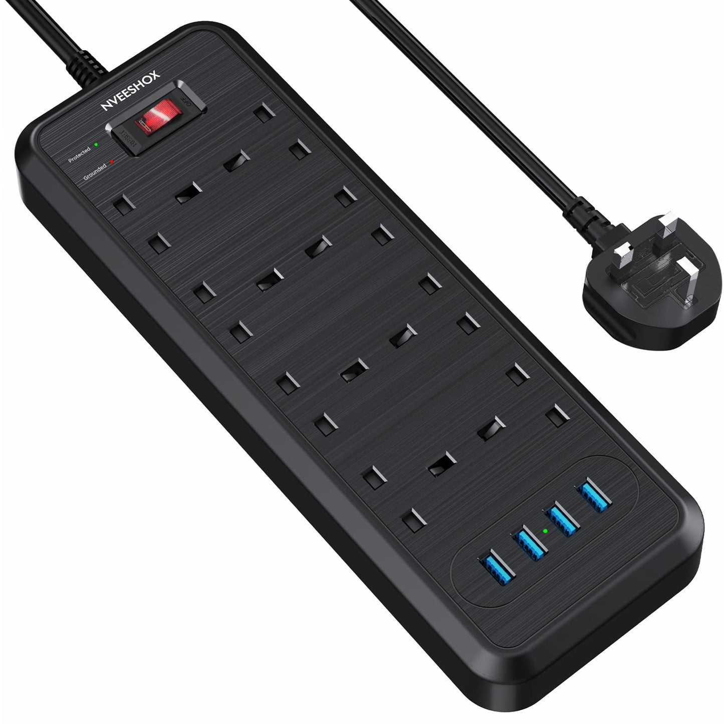 NVEESHOX Extension Lead with 4 USB Slots, 8 Way Multi-Plug with 2M Extension Cord, 3250W Surge Protection Independent Switch Extension Cable, Wall