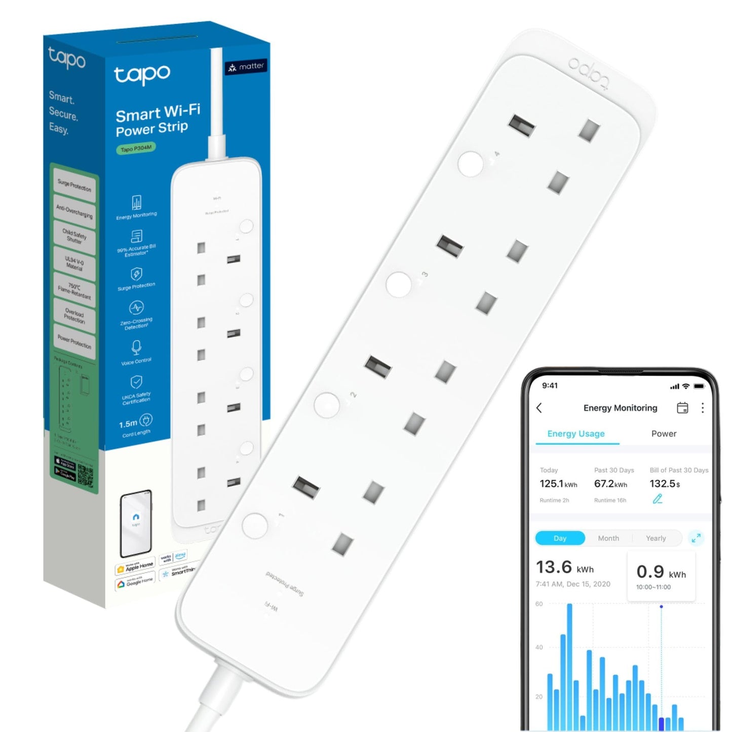 Tapo P304M Smart Plug Power Strip, Energy Monitoring, MATTER Certified, Surge Protection, Zero-Crossing Detection, Remote Control, Voice Control with