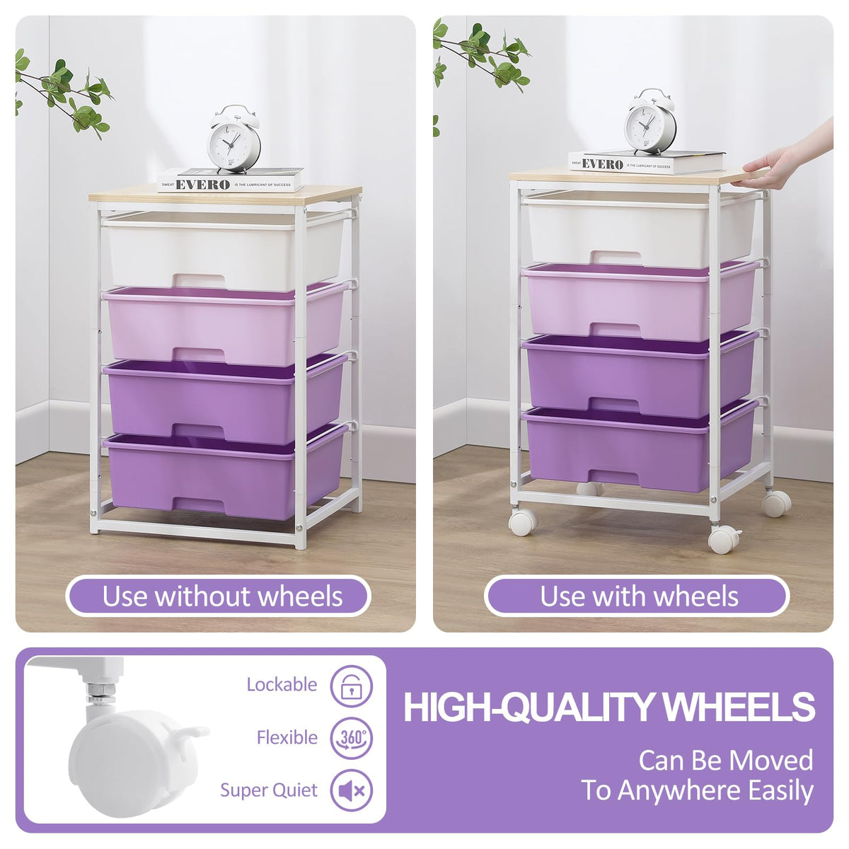 SYKIARIOL Storage Trolley with 4 Drawers, Rolling Storage Cart on Wheels, Multipurpose Mobile Organizer Unit Utility Cart for Living