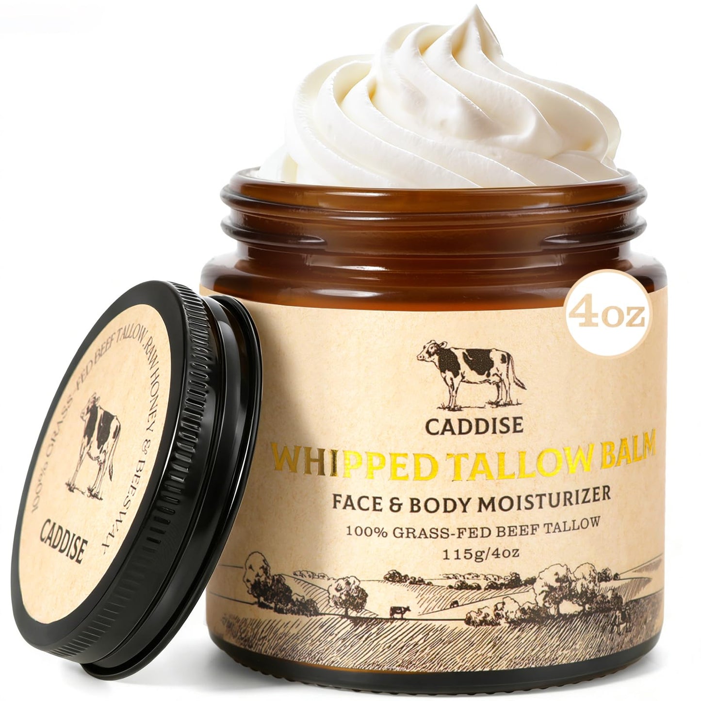 CADDISE Whipped Beef Tallow for Skin ? 100% Grass-Fed Handmade Cream Moisturizer for Face & Body, Natural with Honey, Shea Butter, Jojoba Oil,